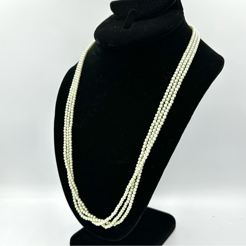 Vintage Triple Strand Faux Pearls Costume Necklace Circular Tab Clasp 22”